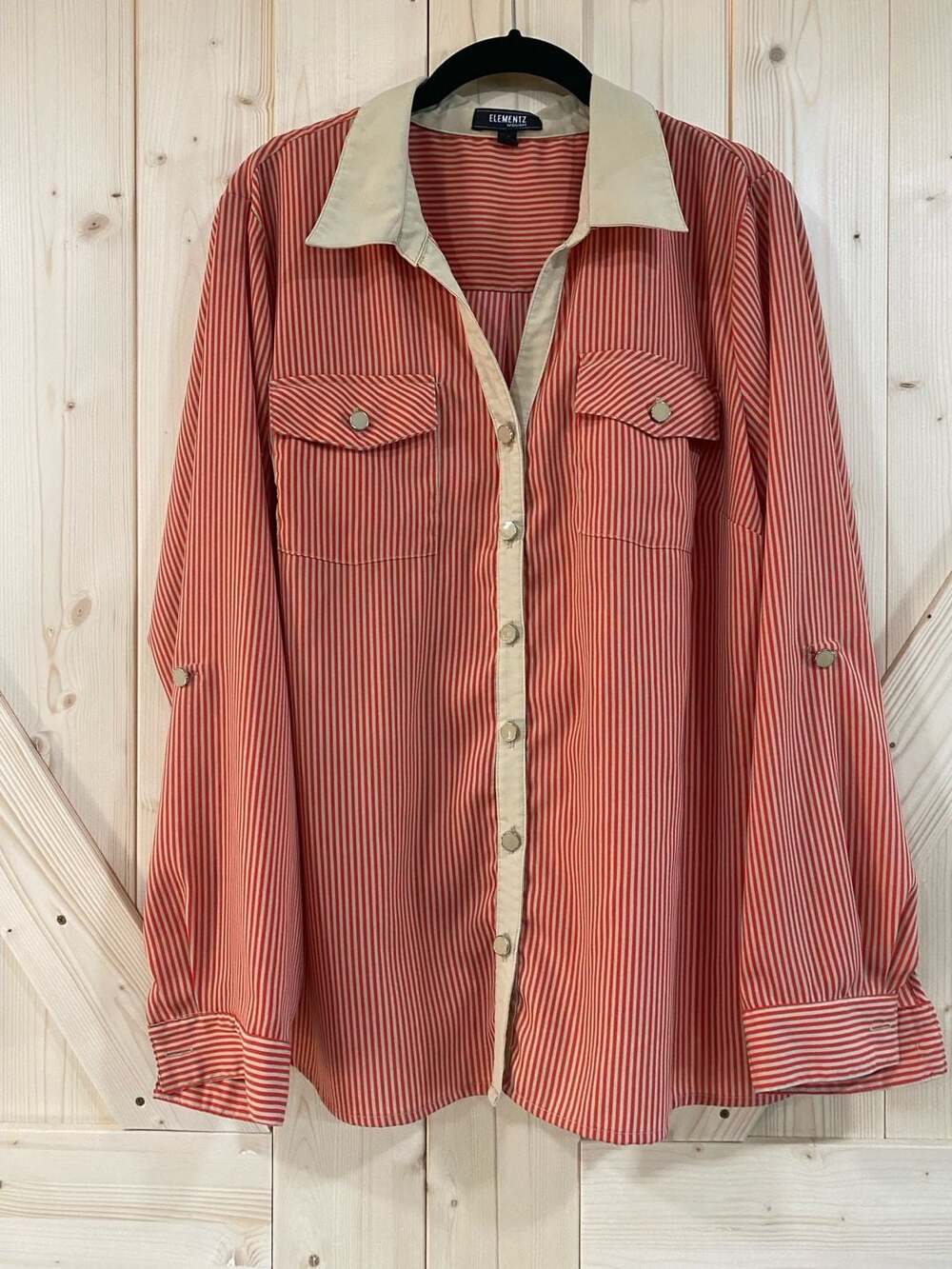 Elementz Woman Red and White Striped Button-Down Shirt with Contrast Collar and